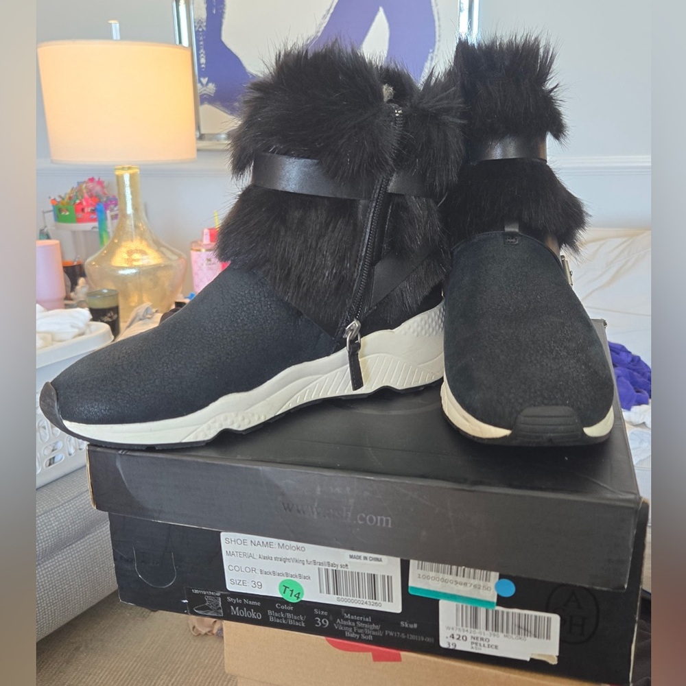 Ash Black Faux Fur Zip-Back Ankle Sneakers